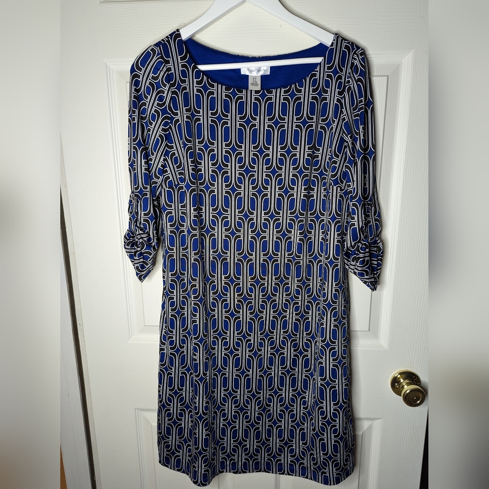 Motherhood Maternity Dress blue and white poly spandex  size small